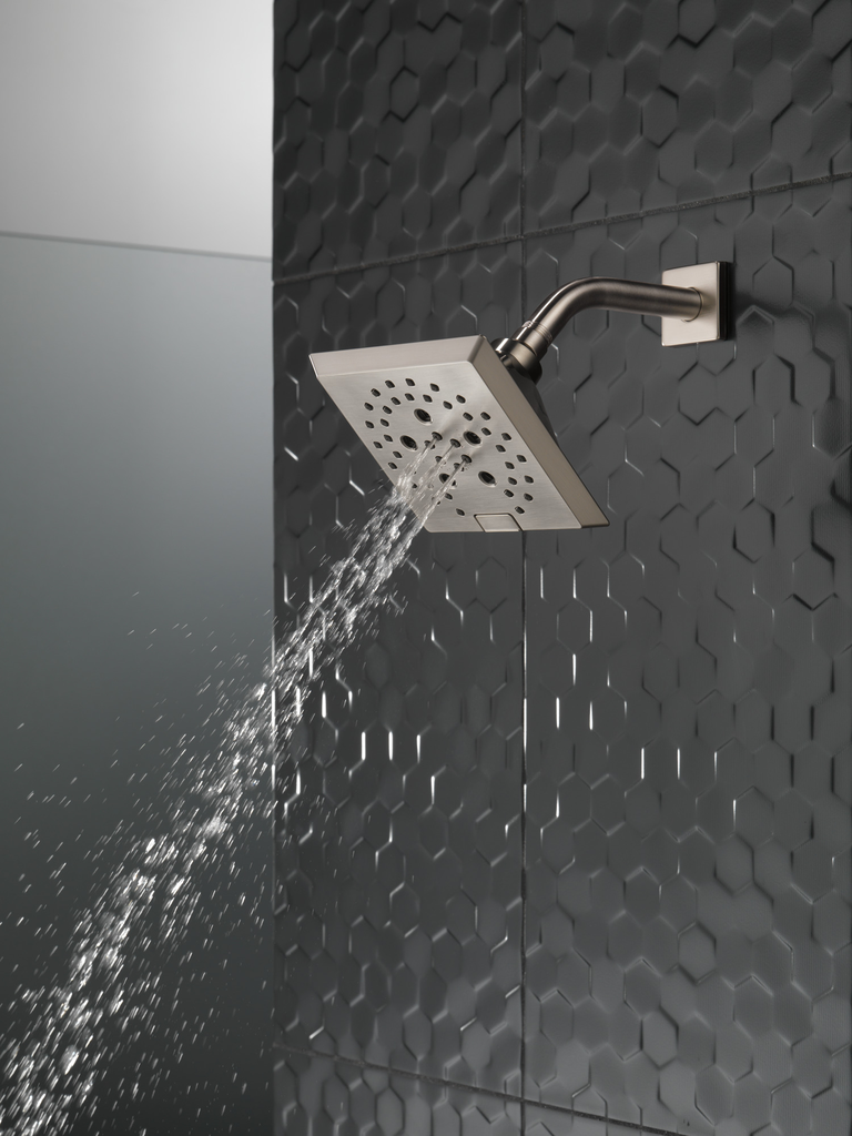 Delta Universal Showering Components: H2Okinetic® 5-Setting Angular Modern Raincan Shower Head - Stainless