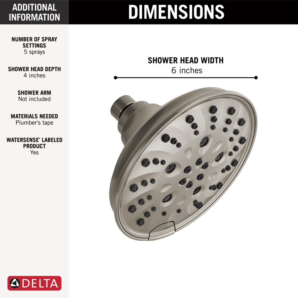 Delta Universal Showering Components: H2Okinetic® 5-Setting Traditional Raincan Shower Head - Lumicoat® Stainless