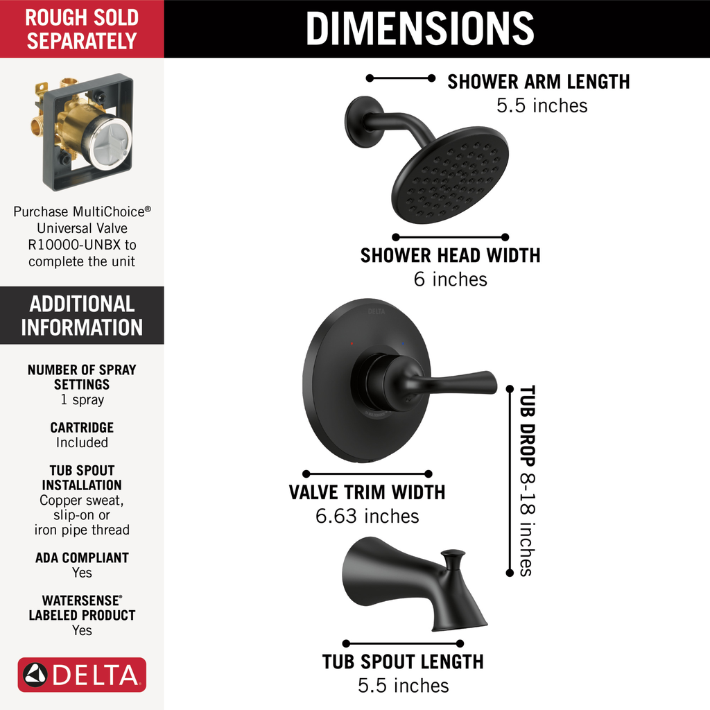 Delta Kayra®: Monitor 14 Series Tub & Shower Trim - Single Handle Lever - Matte Black
