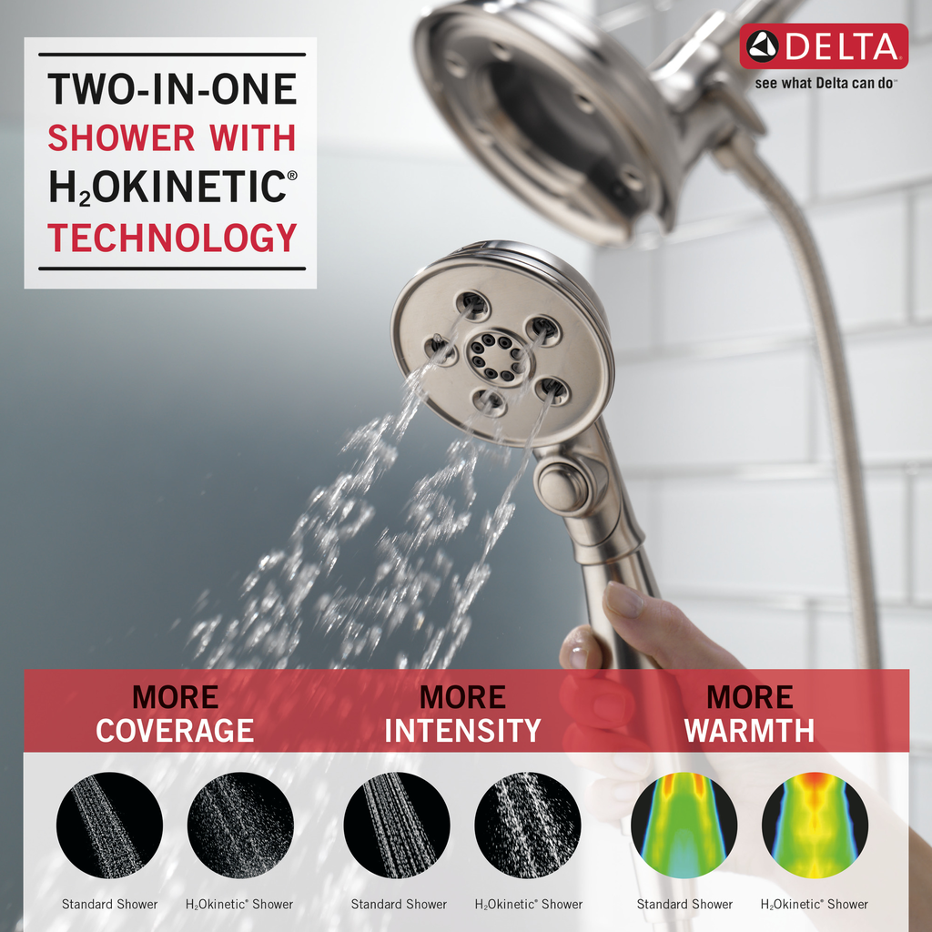 Delta Universal Showering Components: H2Okinetic® In2Ition® 4-Setting Two-In-One Shower - Stainless