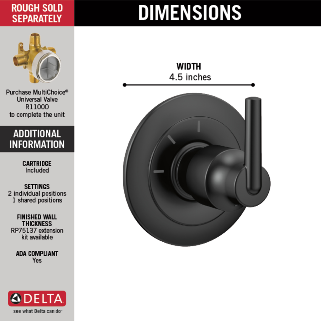 Delta Trinsic®: 3-Setting 2-Port Diverter Trim - Single Handle Lever - Matte Black
