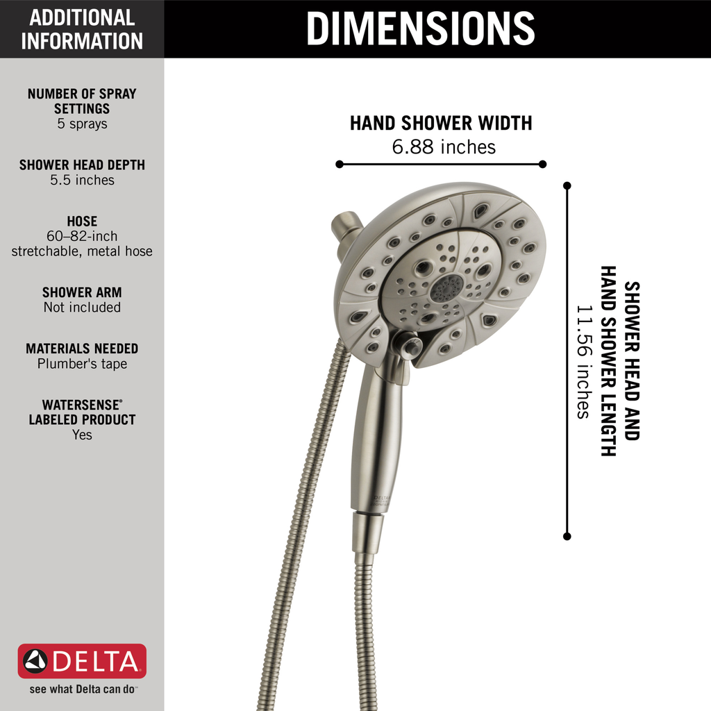 Delta Universal Showering Components: H2Okinetic® In2Ition® 5-Setting Two-In-One Shower - Stainless