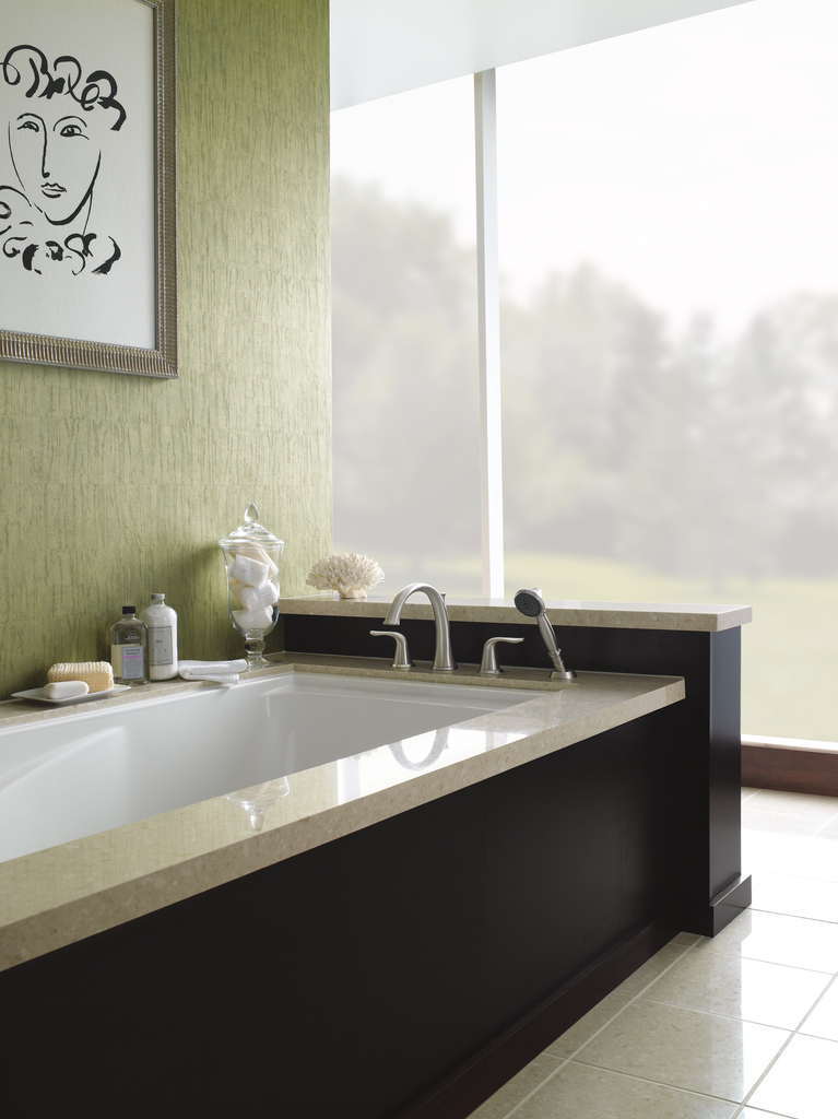 Delta Lahara®: Roman Tub With Handshower Trim - Two Handle Lever - Stainless