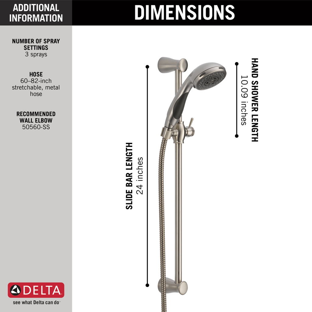 Delta Other: Premium 3-Setting Slide Bar Hand Shower - Stainless