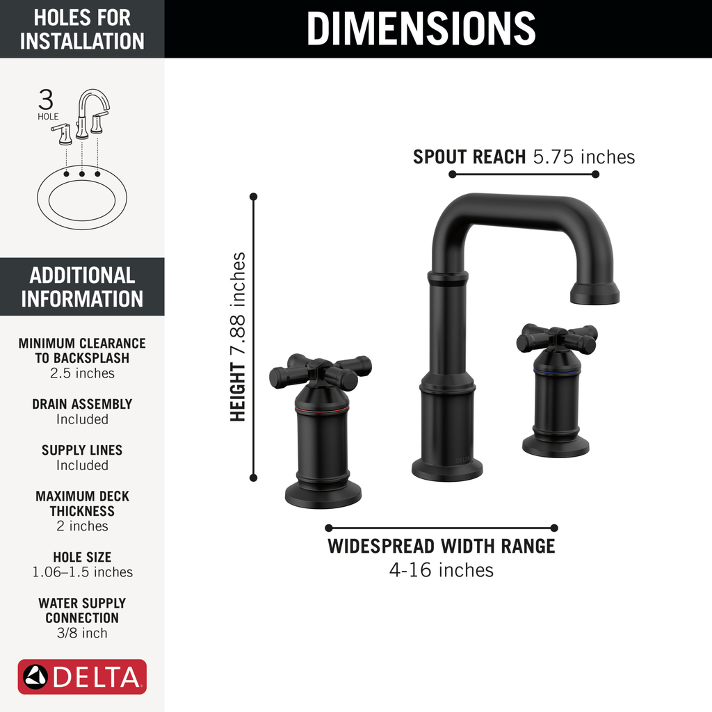 Delta Broderick®: Two Handle Widespread Bathroom Faucet - Two Handle Cross - Matte Black