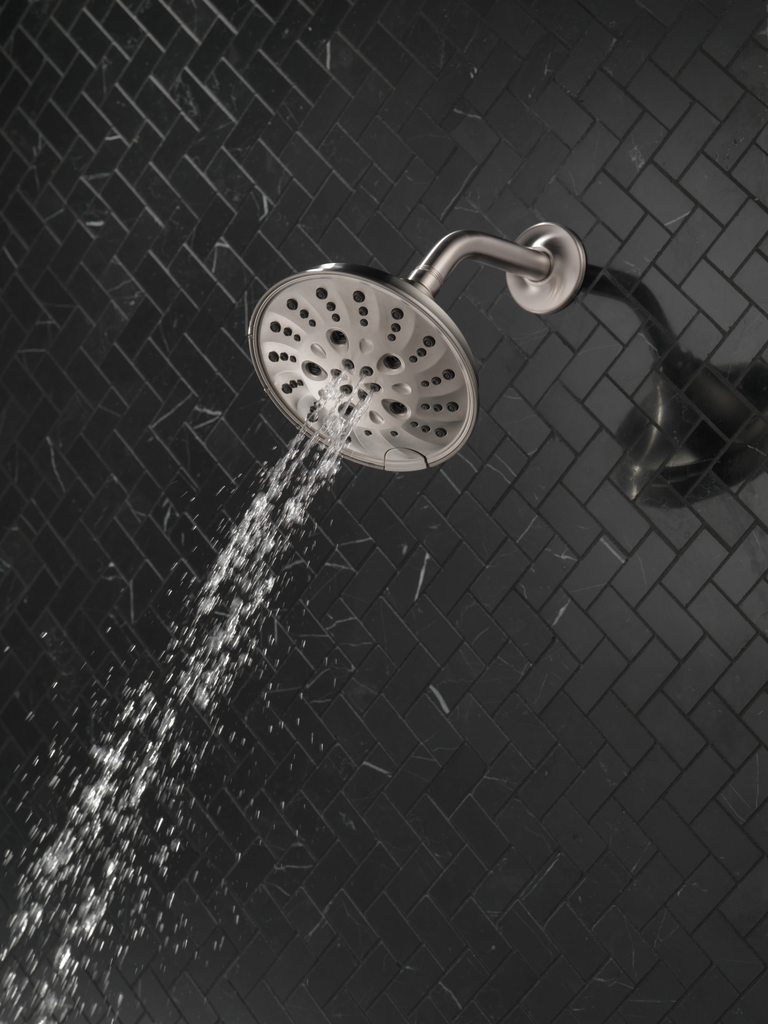 Delta Universal Showering Components: H2Okinetic® 5-Setting Traditional Raincan Shower Head - Lumicoat® Stainless