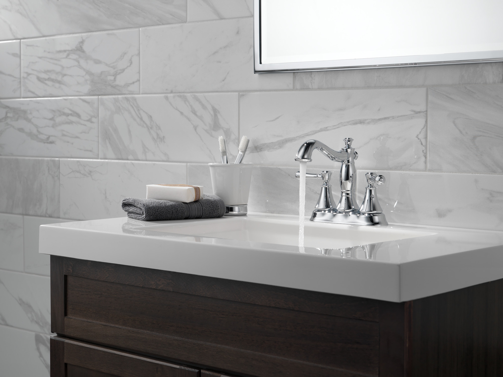 Delta Cassidy®: Two Handle Centerset Bathroom Faucet - Metal Pop-Up - Two Handle Lever - Chrome