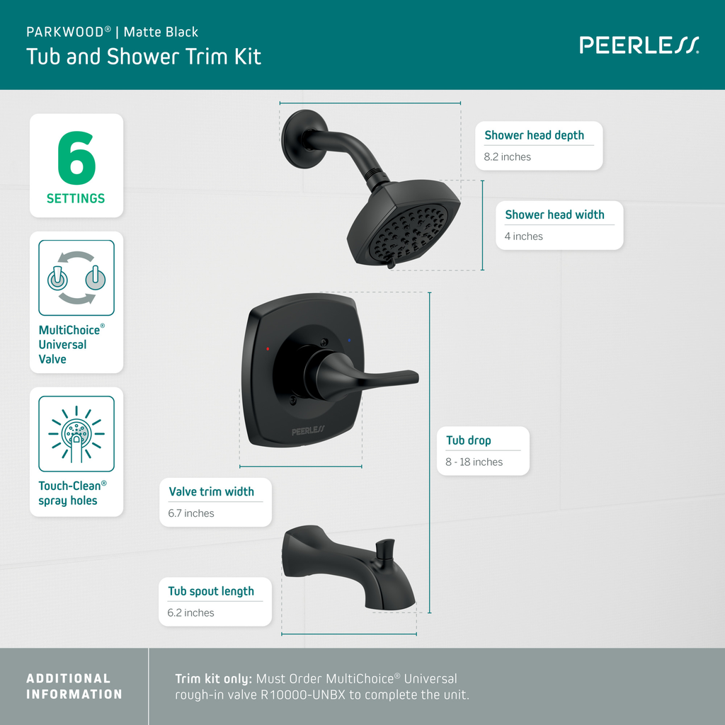 Peerless Parkwood®: Tub Shower Trim Kit - Single Handle Lever - Matte Black