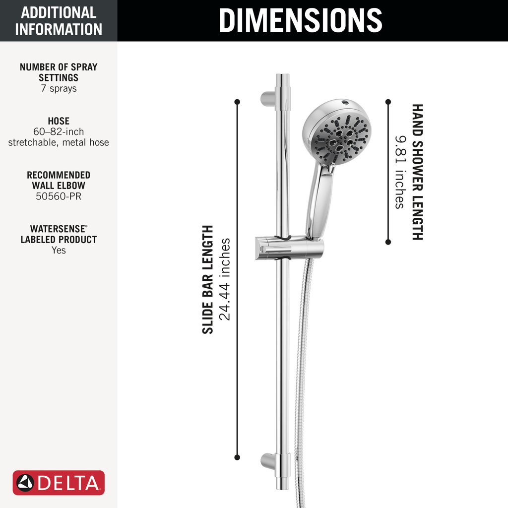 Delta Universal Showering Components: 7-Setting Slide Bar Hand Shower With Cleaning Spray - Lumicoat® Chrome