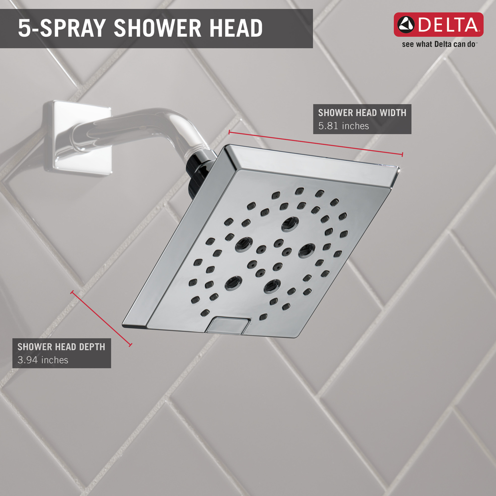 Delta Universal Showering Components: H2Okinetic® 5-Setting Angular Modern Raincan Shower Head - Chrome