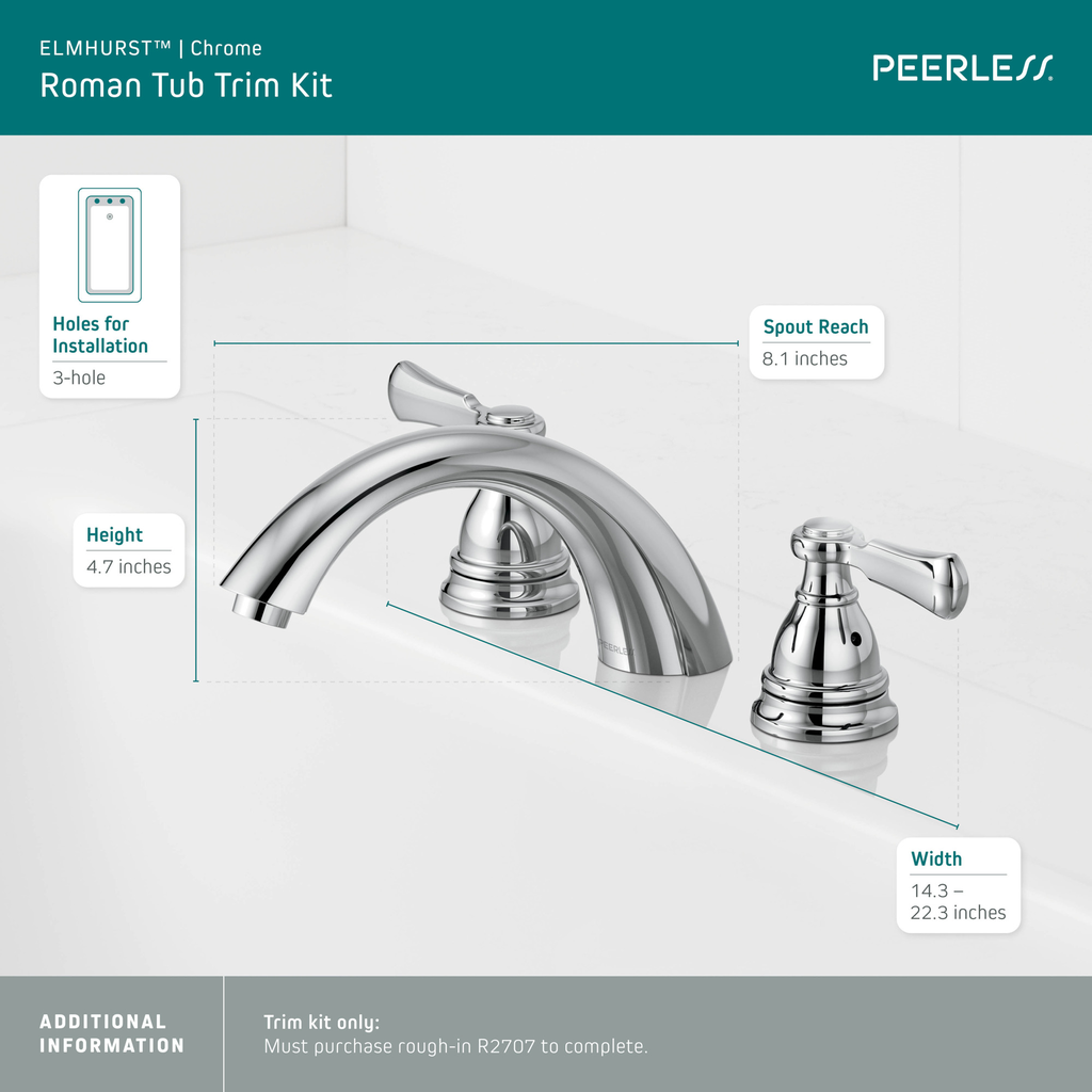 Peerless Elmhurst®: Roman Tub Trim Kit - Two Handle Lever - Chrome