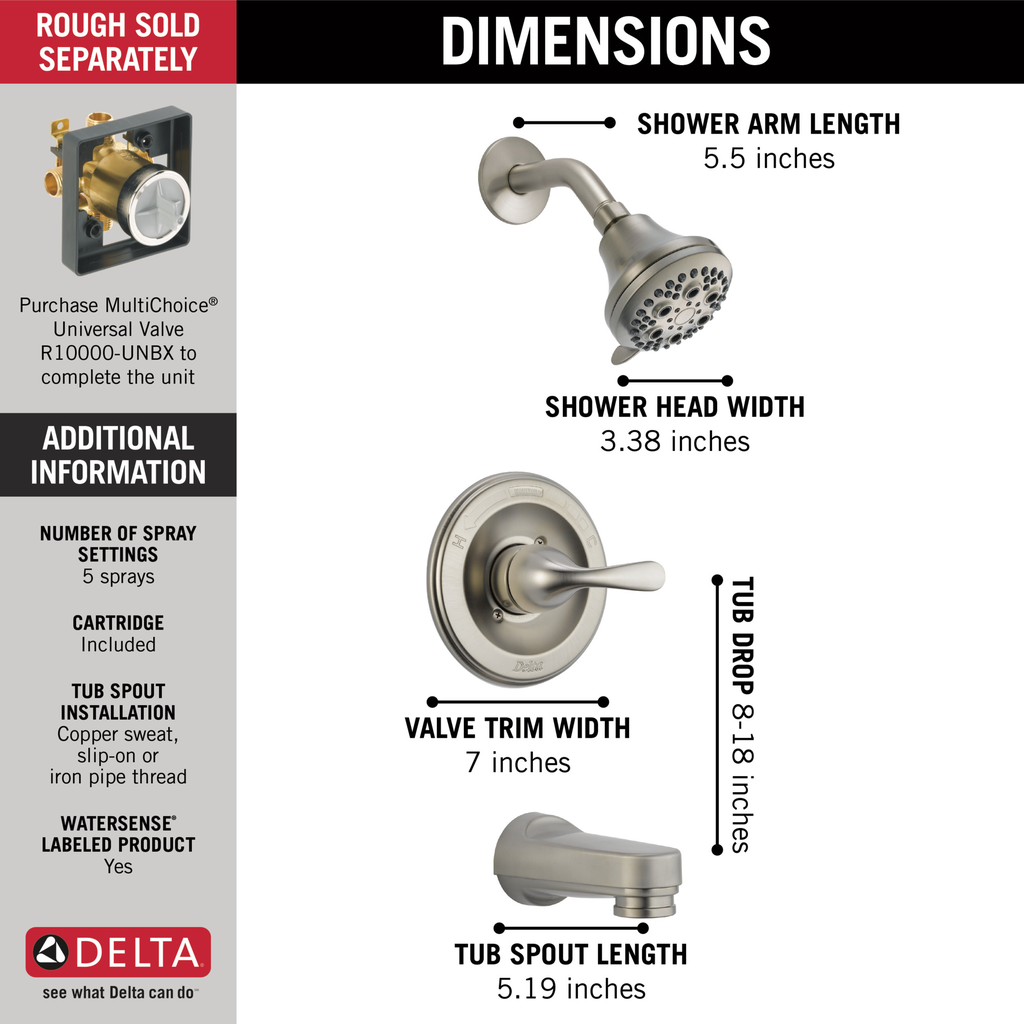 Delta Classic: Monitor® 13 Series Tub & Shower Trim - Single Handle Lever - Stainless