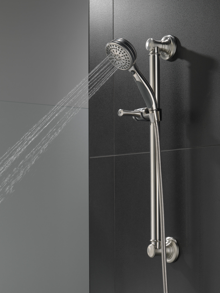 Delta Universal Showering Components: Activtouch® 9-Setting Hand Shower With Traditional Slide Bar / Grab Bar - Stainless