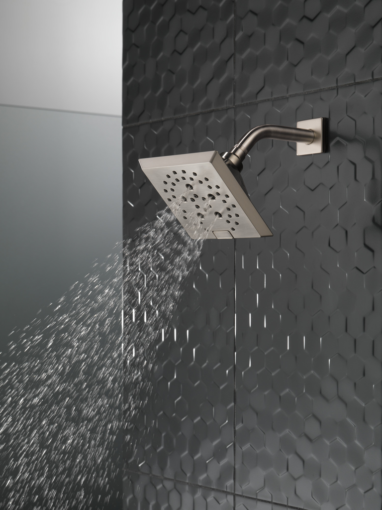Delta Universal Showering Components: H2Okinetic® 5-Setting Angular Modern Raincan Shower Head - Lumicoat® Stainless