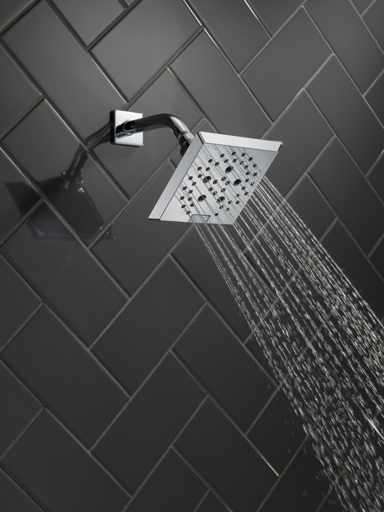 Delta Universal Showering Components: H2Okinetic® 5-Setting Angular Modern Raincan Shower Head - Chrome
