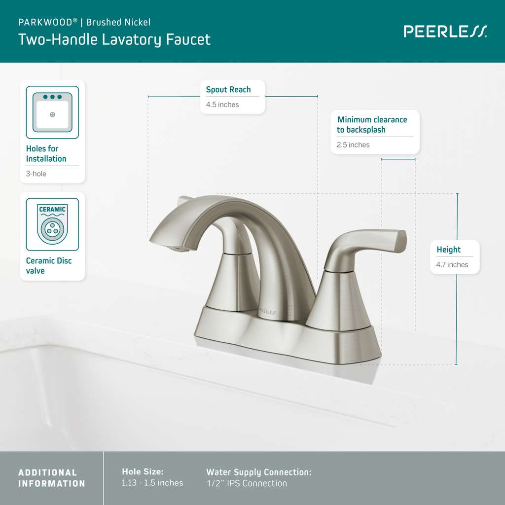 Peerless Parkwood®: Two Handle Centerset Lavatory Faucet - Two Handle Lever - Brushed Nickel
