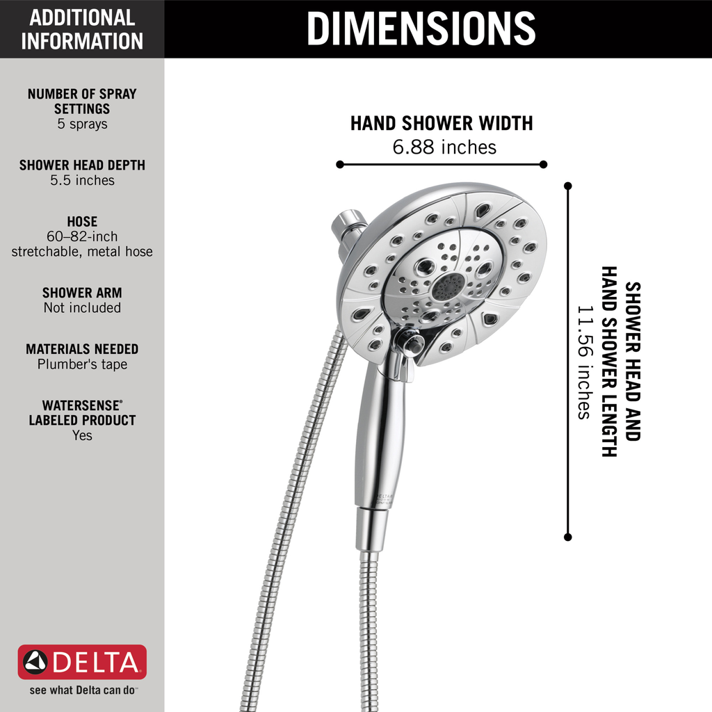 Delta Universal Showering Components: H2Okinetic® In2Ition® 5-Setting Two-In-One Shower - Chrome