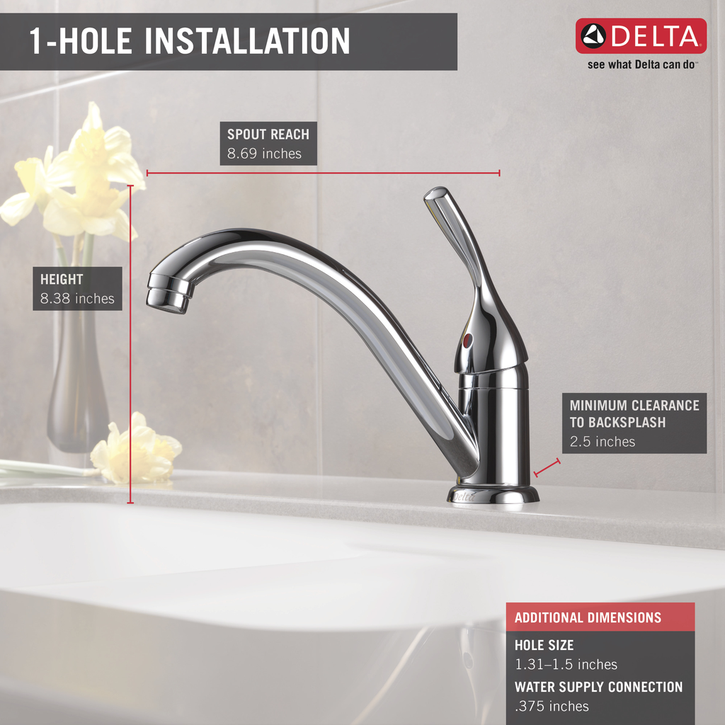Delta 134 / 100 / 300 / 400 Series: Single Handle Kitchen Faucet - Single Handle Lever - Chrome
