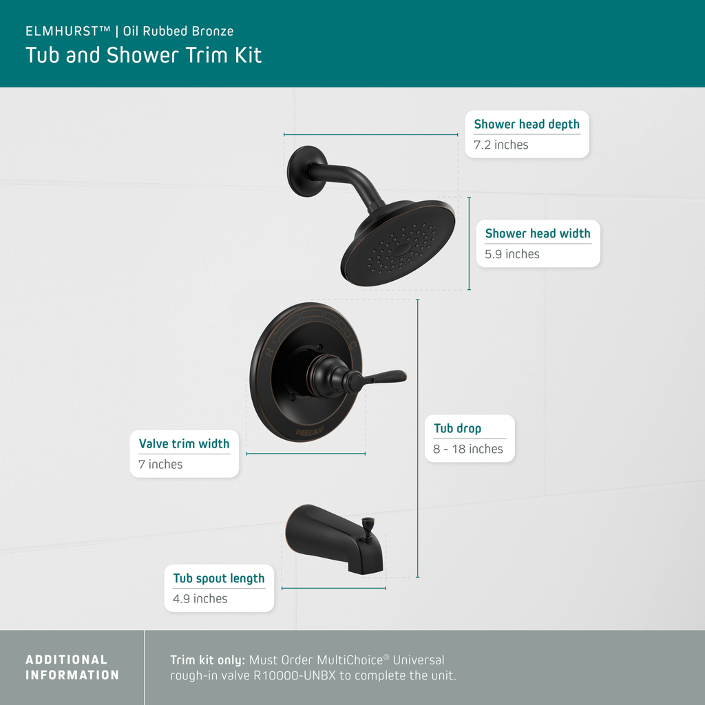 Peerless Elmhurst®: Tub Shower Trim Kit - Single Handle Lever - Oil Rubbed Bronze