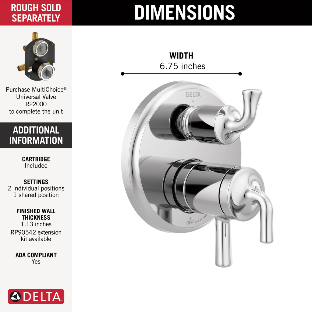 Delta Kayra®: 2-Handle Monitor 17 Series Valve Trim With 3- Or 6- Setting Diverter - Electronic - Chrome