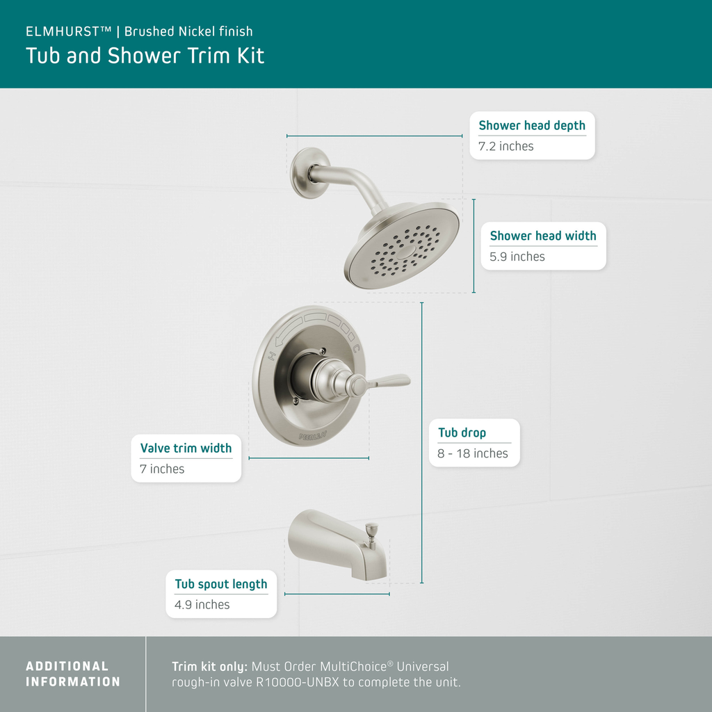 Peerless Elmhurst®: Tub Shower Trim Kit - Single Handle Lever - Brushed Nickel