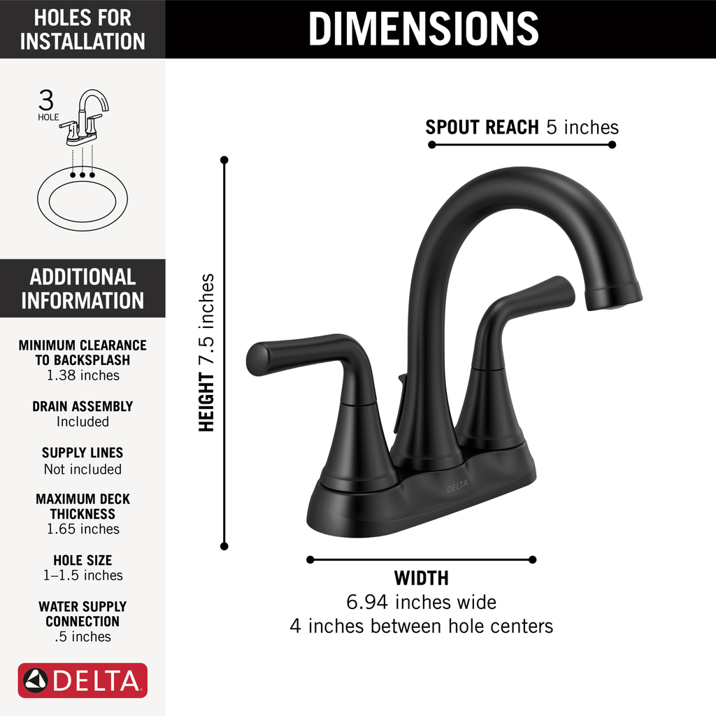 Delta Kayra®: Two Handle Centerset Bathroom Faucet - Two Handle Lever - Matte Black