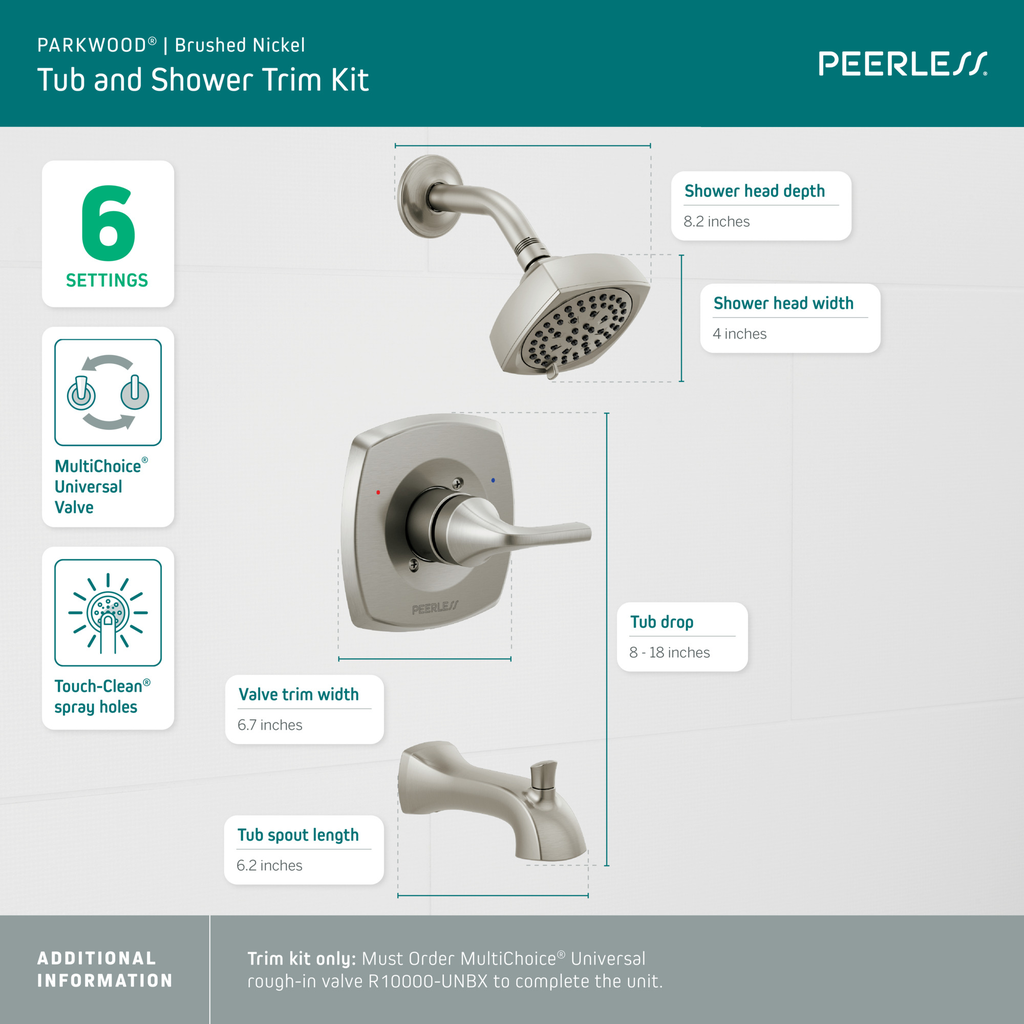Peerless Parkwood®: Tub Shower Trim Kit - Single Handle Lever - Brushed Nickel