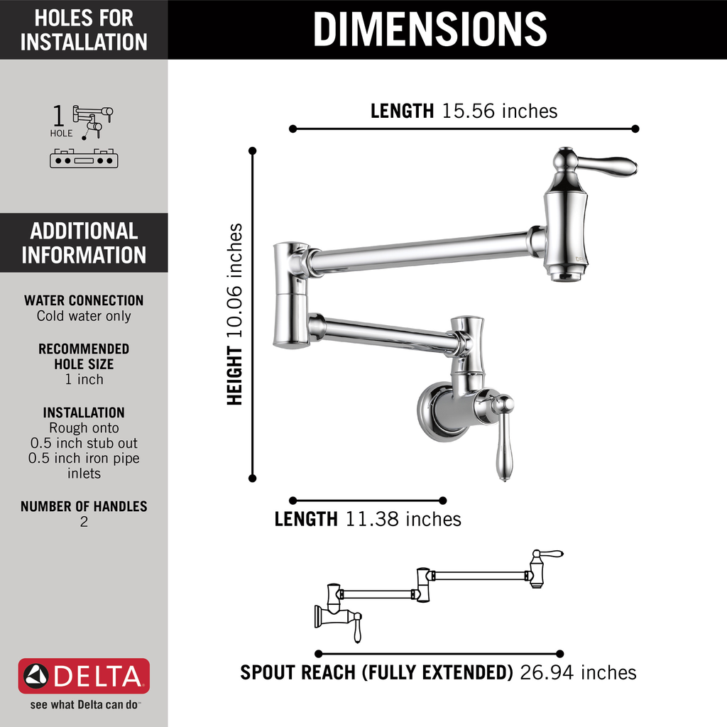 Delta Other: Traditional Wall Mount Pot Filler - Two Handle Lever - Chrome
