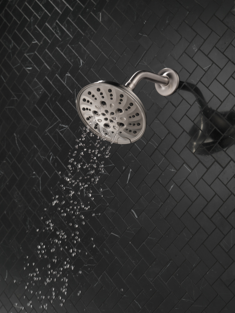 Delta Universal Showering Components: H2Okinetic® 5-Setting Traditional Raincan Shower Head - Lumicoat® Stainless