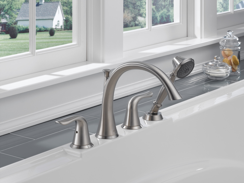 Delta Lahara®: Roman Tub With Handshower Trim - Two Handle Lever - Stainless