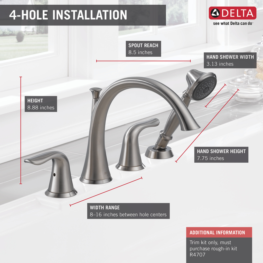 Delta Lahara®: Roman Tub With Handshower Trim - Two Handle Lever - Stainless