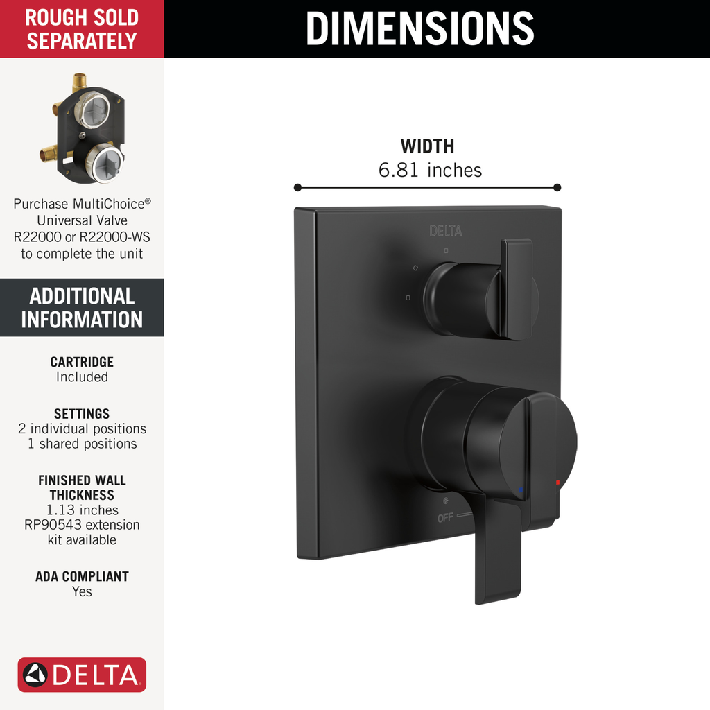 Delta Ara®: Angular Modern Monitor® 17 Series Valve Trim With 3-Setting Integrated Diverter - Two Handle Lever - Matte Black