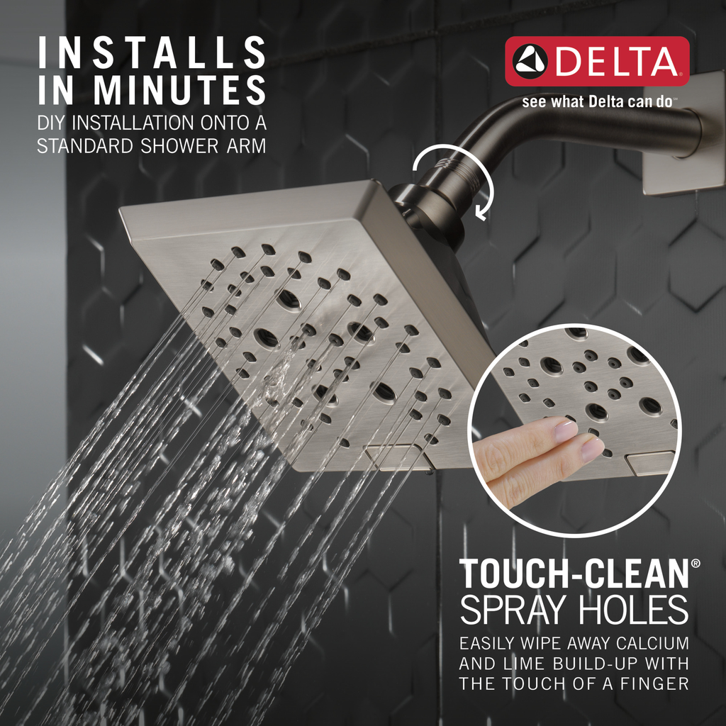 Delta Universal Showering Components: H2Okinetic® 5-Setting Angular Modern Raincan Shower Head - Lumicoat® Stainless