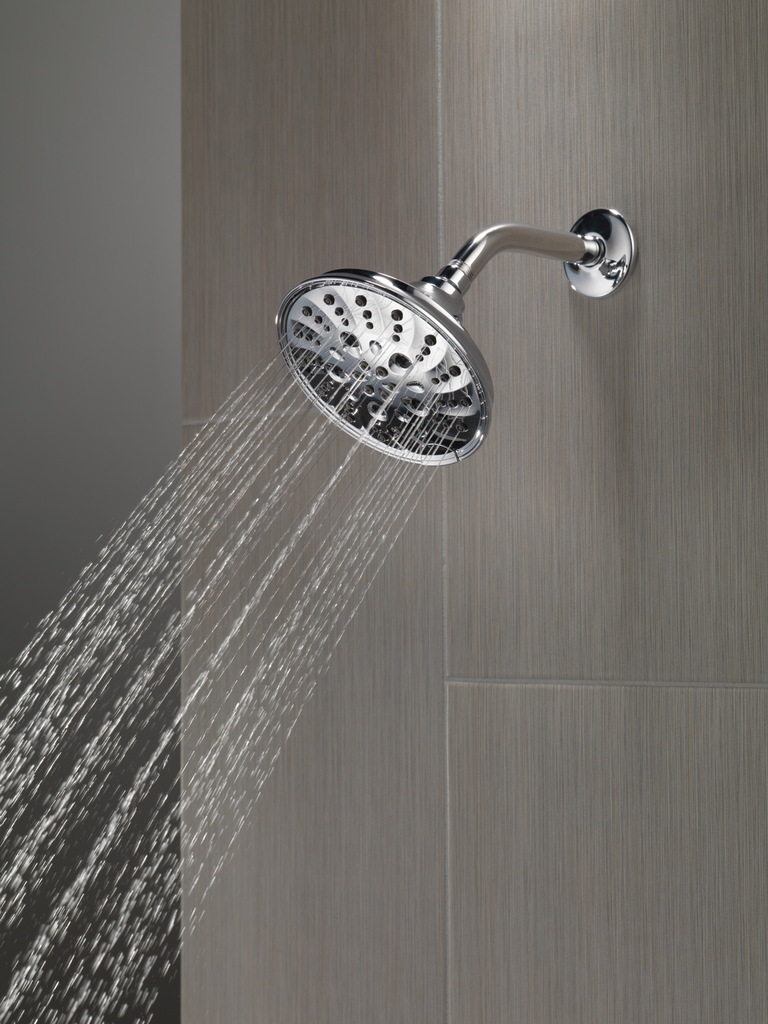 Delta Universal Showering Components: H2Okinetic® 5-Setting Traditional Raincan Shower Head - Lumicoat® Chrome