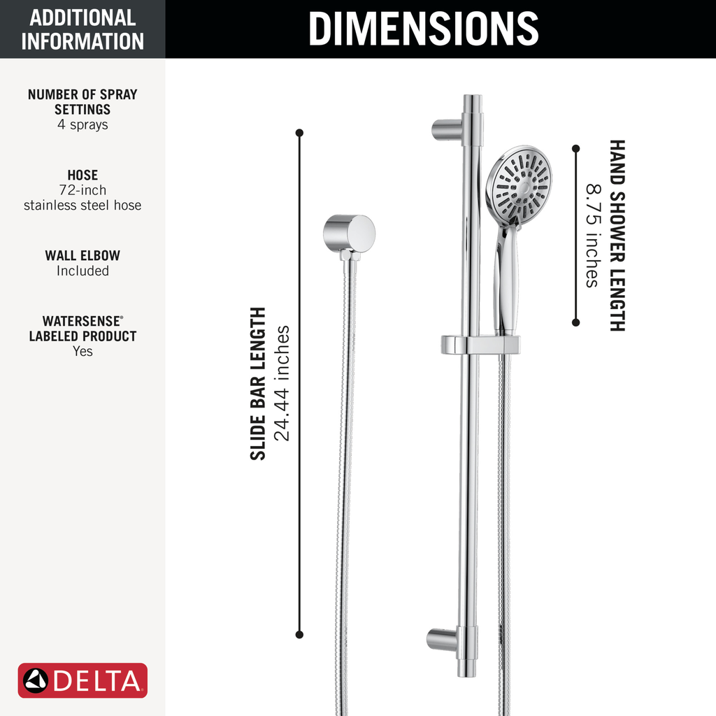 Delta Universal Showering Components: Hand Shower 1.75 Gpm W/Slide Bar 4S - Chrome