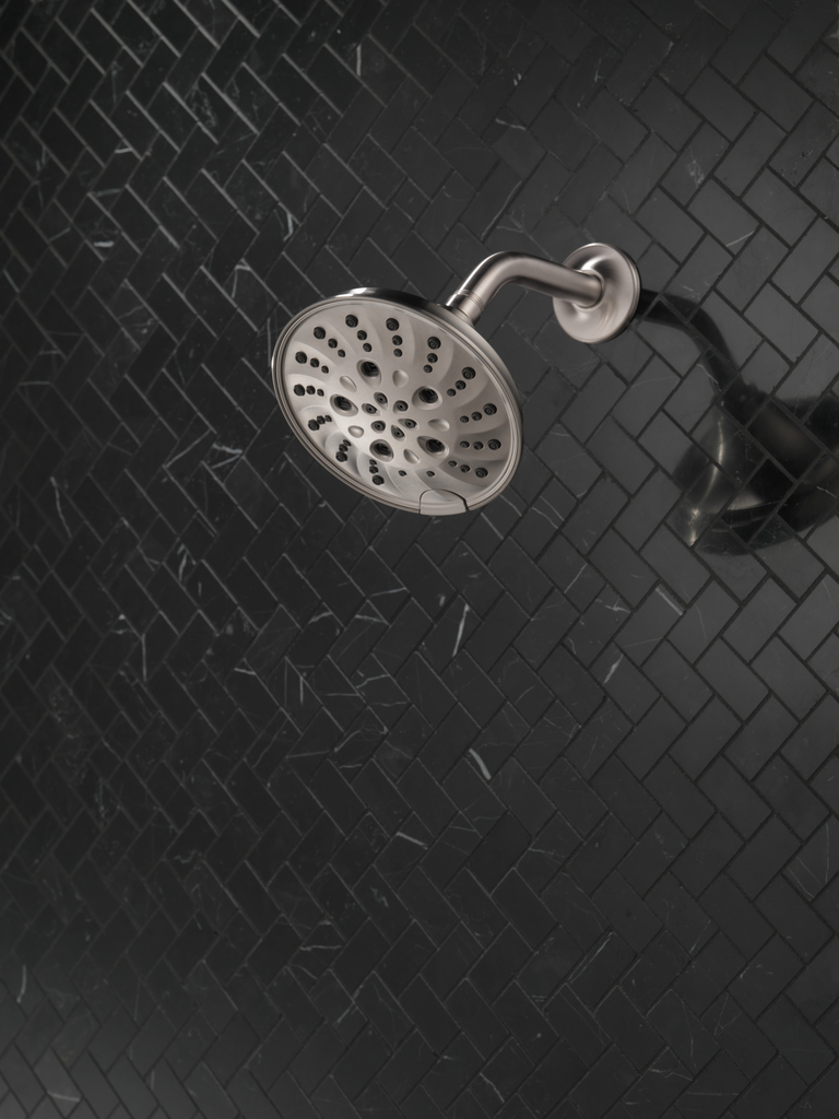 Delta Universal Showering Components: H2Okinetic® 5-Setting Traditional Raincan Shower Head - Lumicoat® Stainless