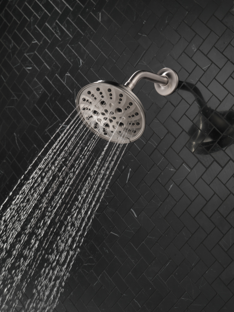 Delta Universal Showering Components: H2Okinetic® 5-Setting Traditional Raincan Shower Head - Lumicoat® Stainless