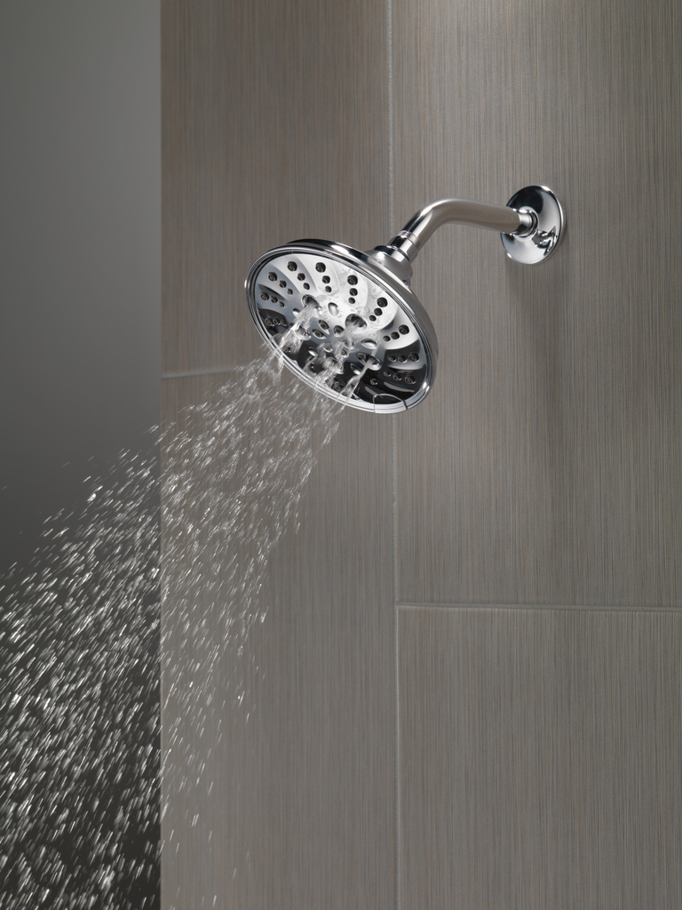 Delta Universal Showering Components: H2Okinetic® 5-Setting Traditional Raincan Shower Head - Lumicoat® Chrome