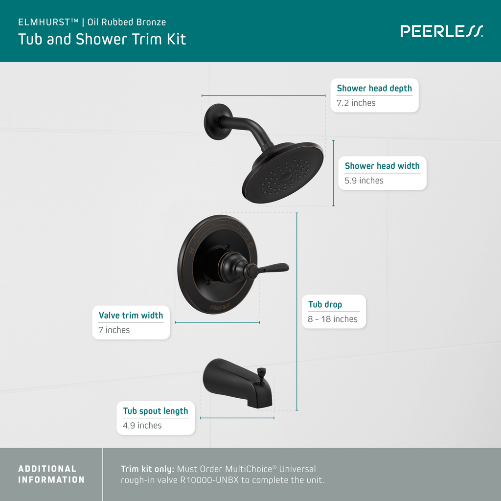 Peerless Elmhurst®: Tub Shower Trim Kit - Single Handle Lever - Oil Rubbed Bronze