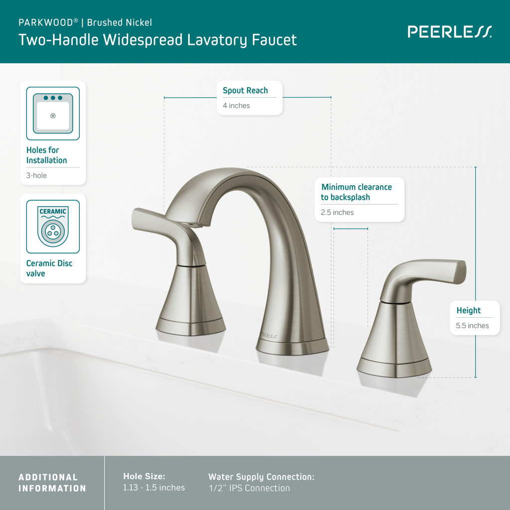 Peerless Parkwood®: Two Handle Widespread Lavatory Faucet - Two Handle Lever - Brushed Nickel