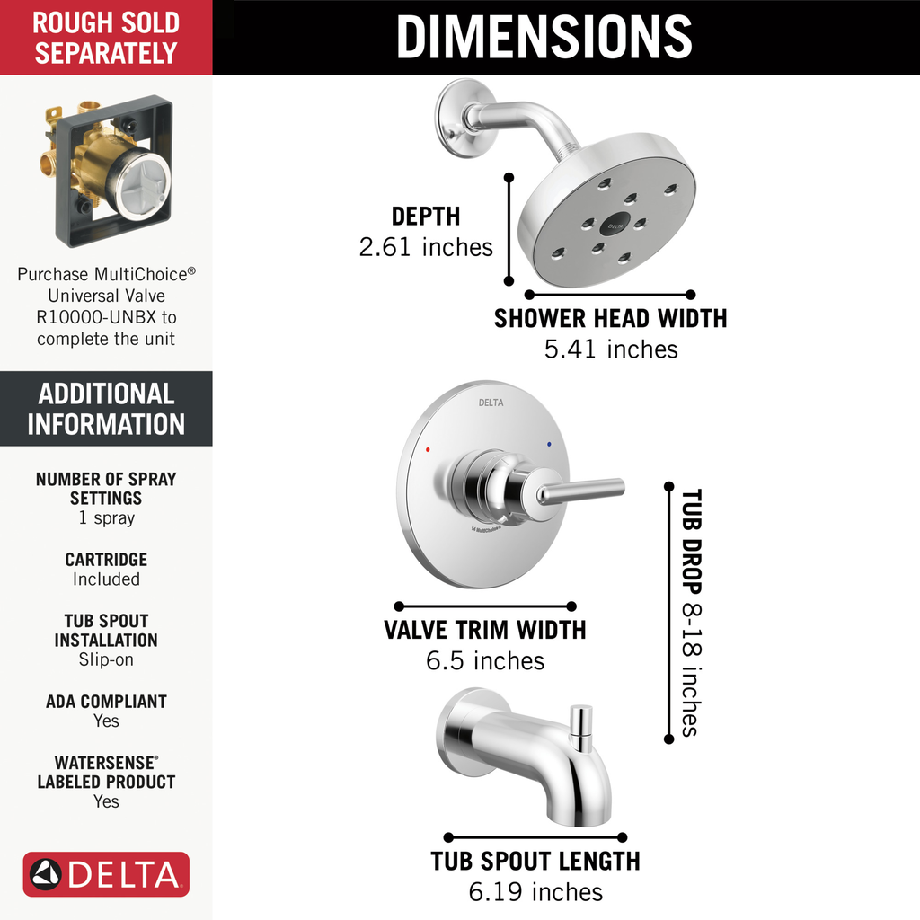 Delta Trinsic®: Monitor® 14 Series H2Okinetic® Tub & Shower Trim - Single Handle Lever - Chrome