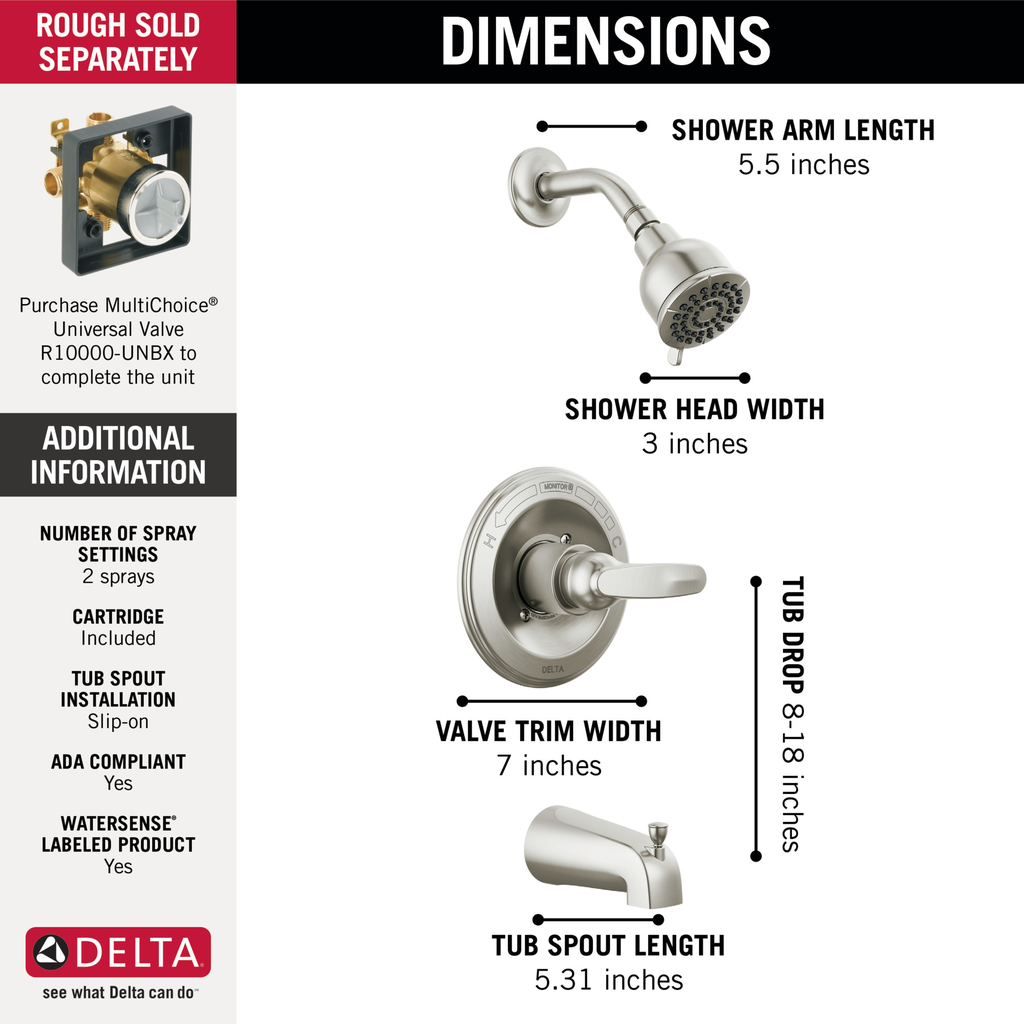Delta Foundations®: Monitor® 13 Series Tub & Shower Trim - Single Handle Lever - Stainless