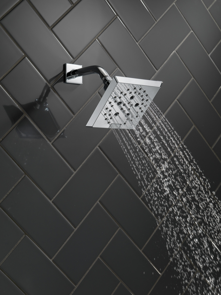 Delta Universal Showering Components: H2Okinetic® 5-Setting Angular Modern Raincan Shower Head - Chrome