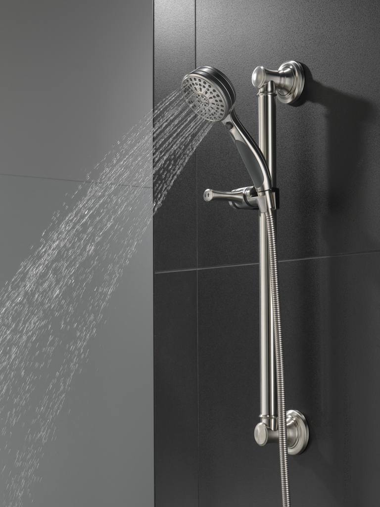 Delta Universal Showering Components: Activtouch® 9-Setting Hand Shower With Traditional Slide Bar / Grab Bar - Stainless
