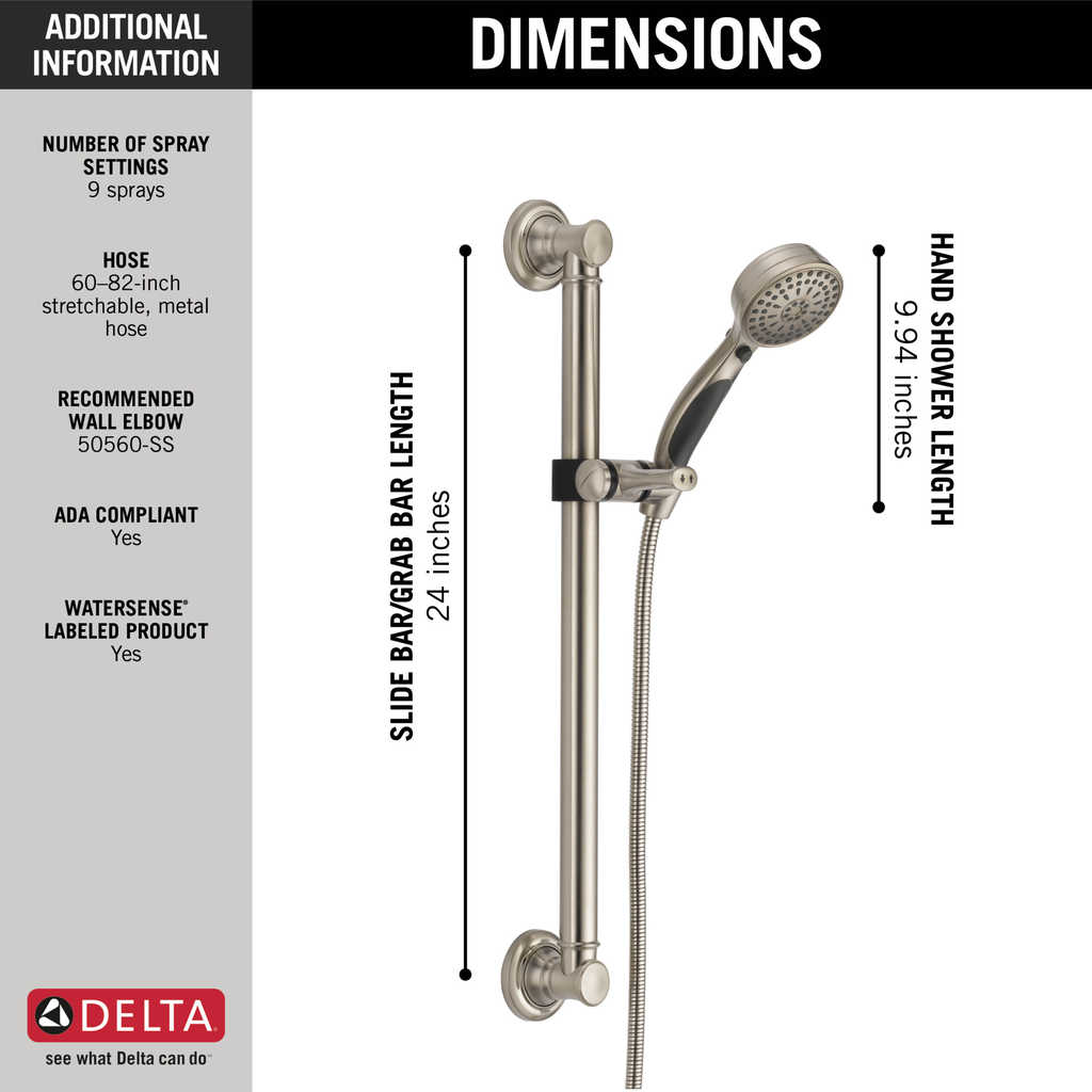 Delta Universal Showering Components: Activtouch® 9-Setting Hand Shower With Traditional Slide Bar / Grab Bar - Stainless