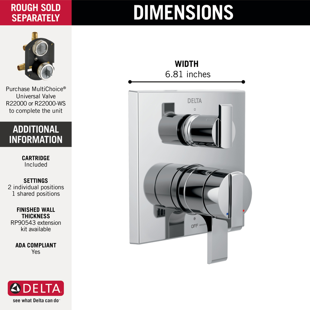 Delta Ara®: Angular Modern Monitor® 17 Series Valve Trim With 3-Setting Integrated Diverter - Two Handle Lever - Chrome