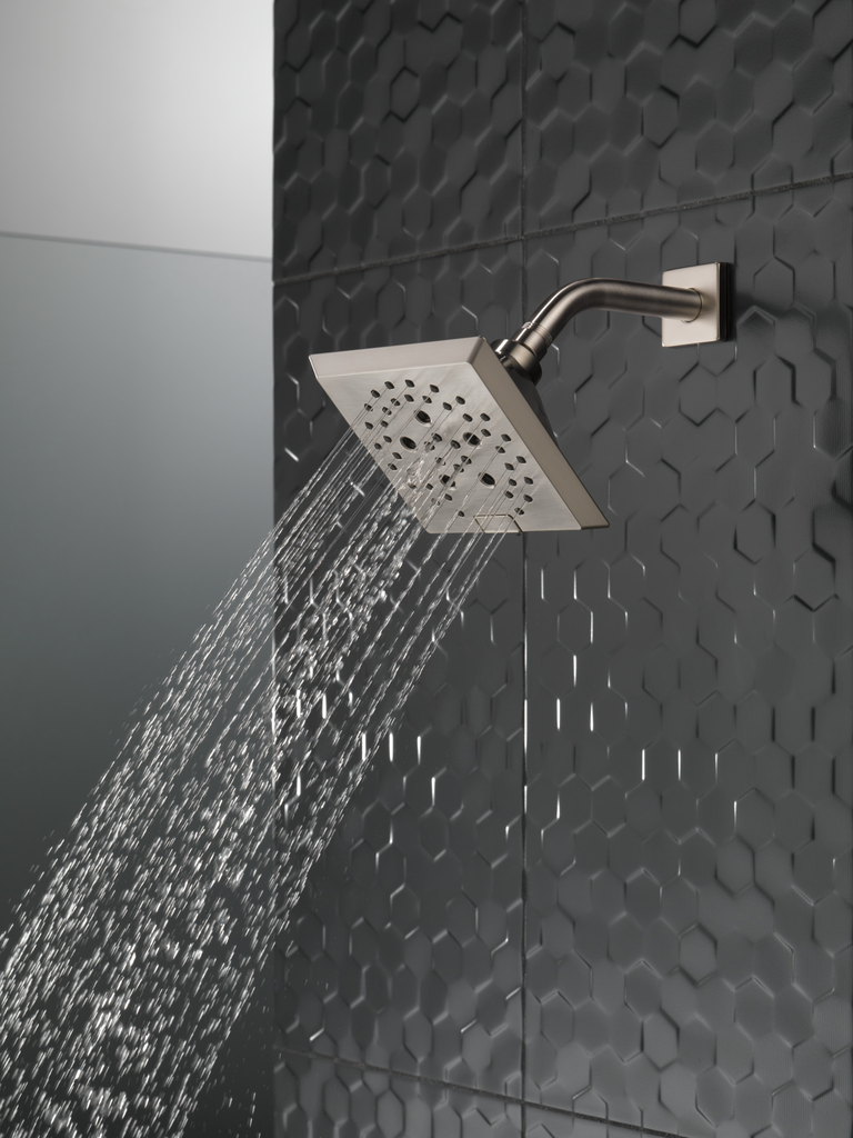 Delta Universal Showering Components: H2Okinetic® 5-Setting Angular Modern Raincan Shower Head - Lumicoat® Stainless