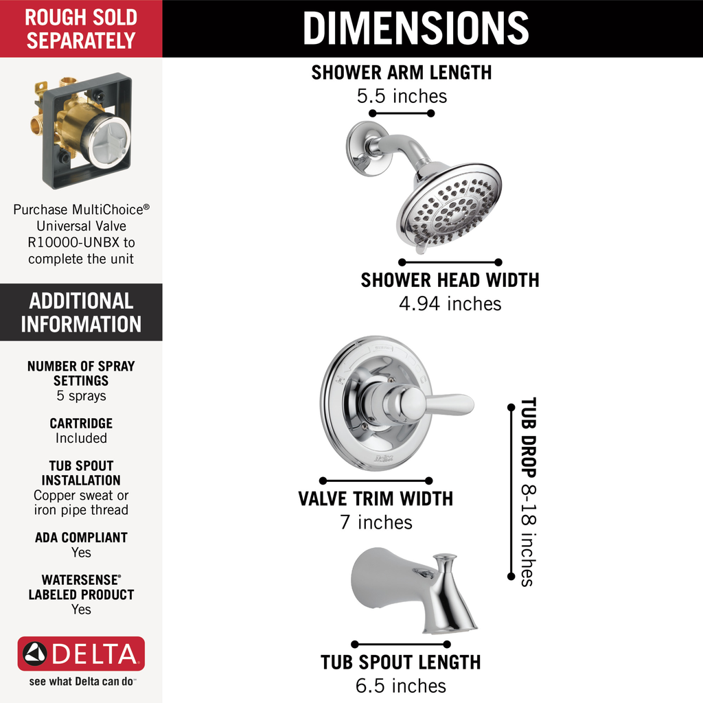 Delta Lahara®: Monitor® 14 Series Tub & Shower Trim - Single Handle Lever - Chrome