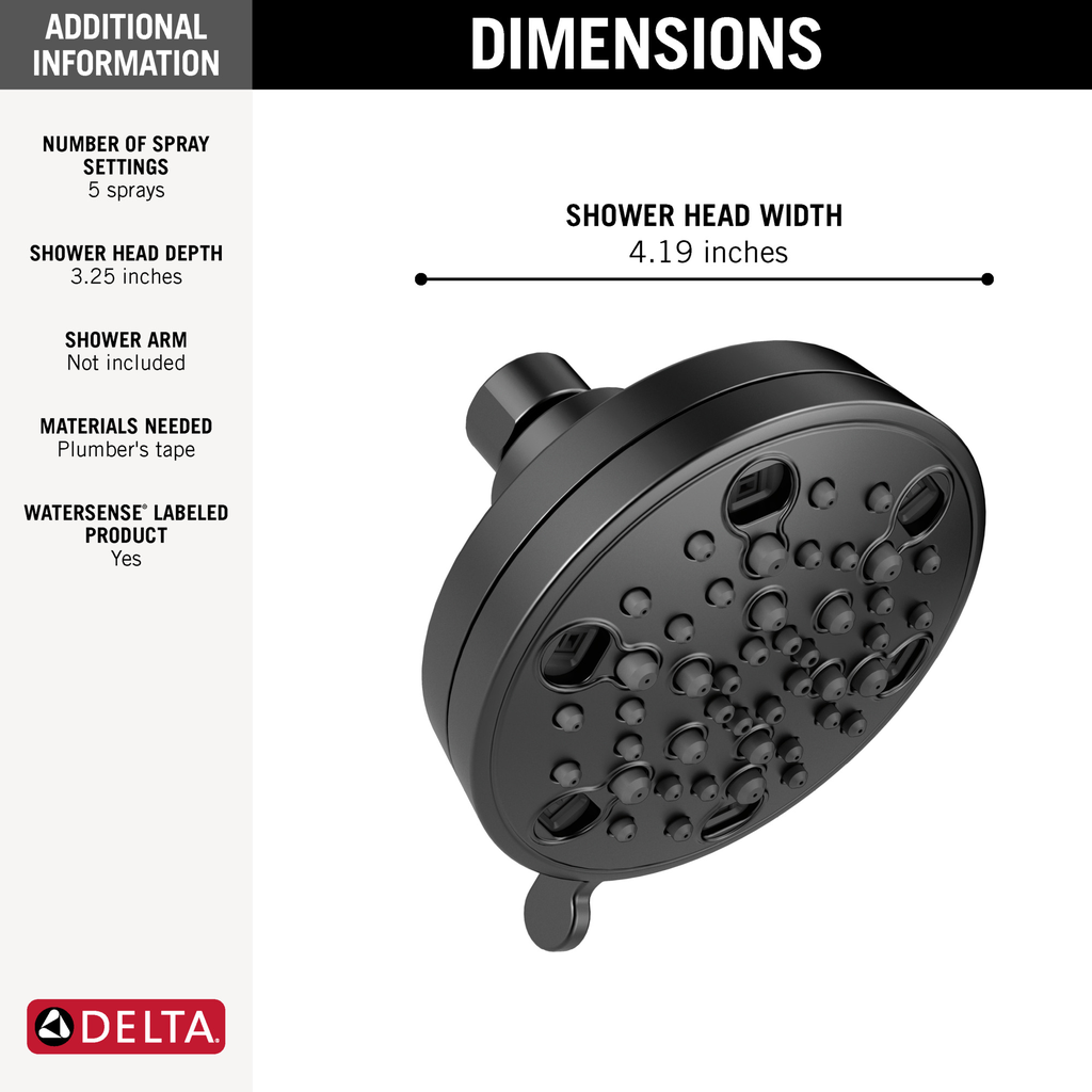 Delta Universal Showering Components: H2Okinetic® 5-Setting Contemporary Shower Head - Matte Black