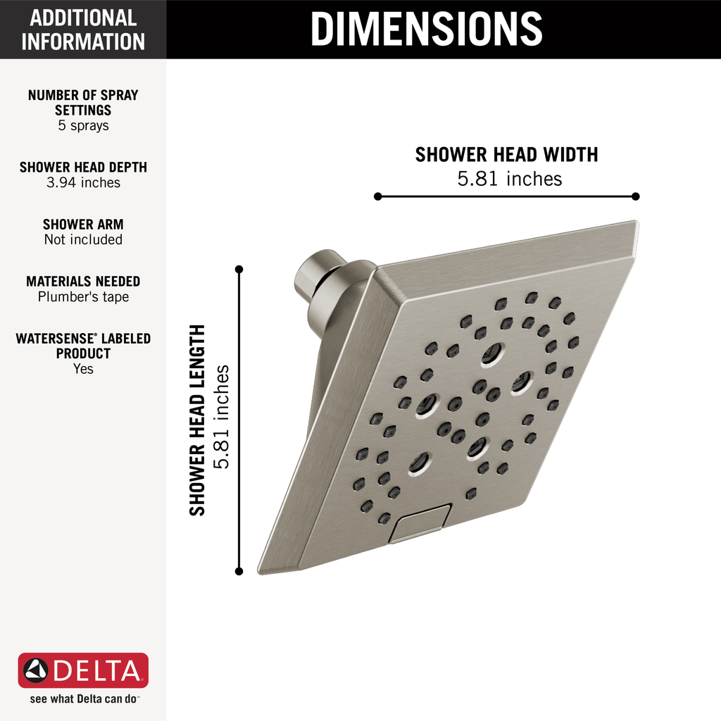 Delta Universal Showering Components: H2Okinetic® 5-Setting Angular Modern Raincan Shower Head - Lumicoat® Stainless